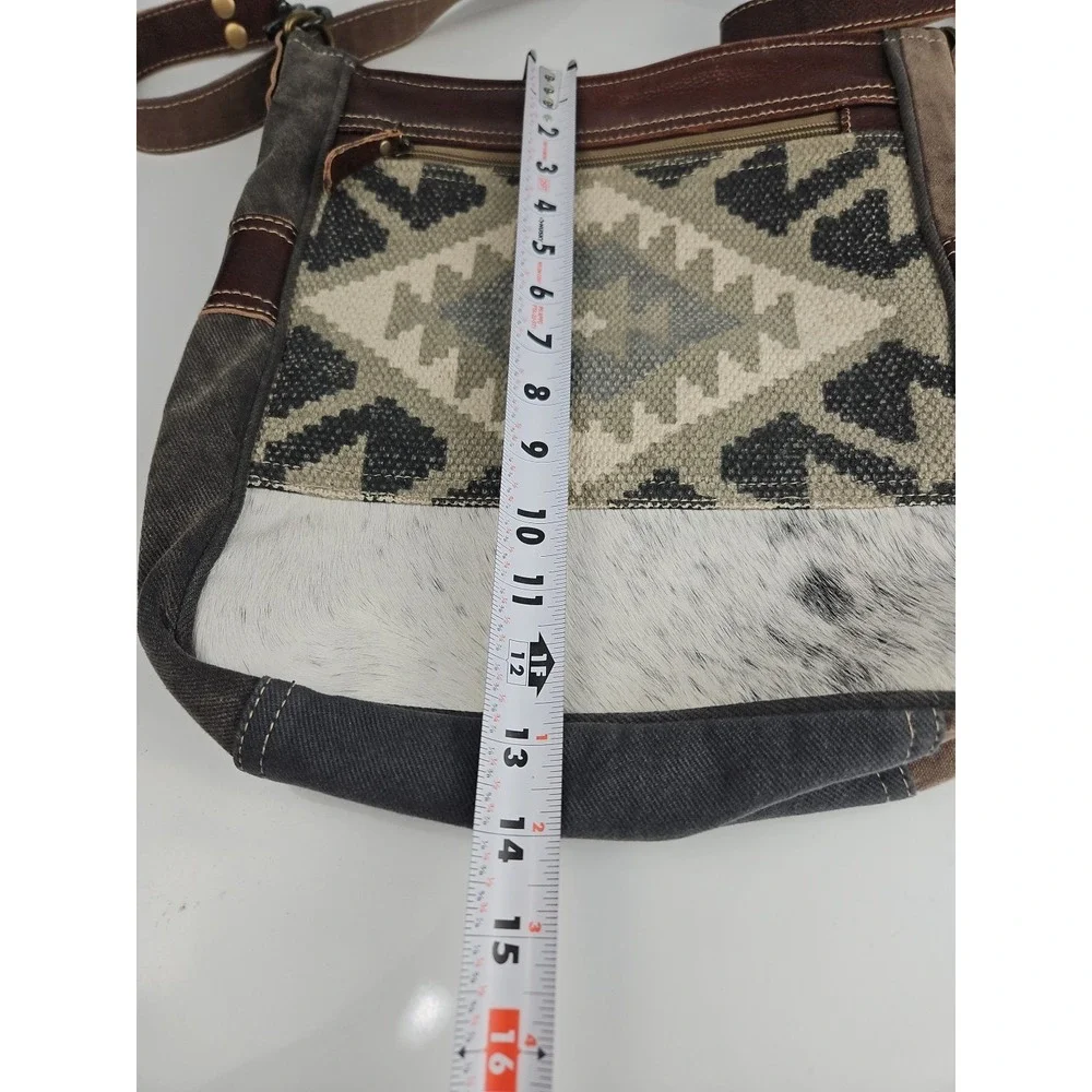 Myra Crossody Bag Southwest Print Woven‎ Leather Cowhide Accent Grey Brown White